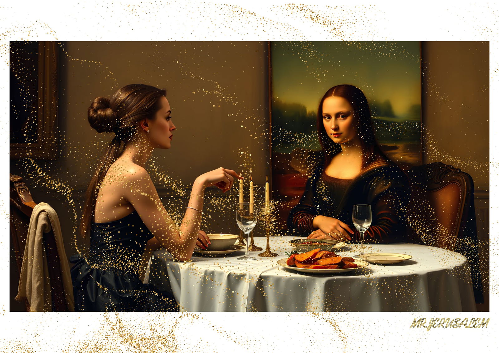 "Mr.Jerusalem, "Angelina Jolie having dinner with Mona Lisa-D2" "Original, A2 Poster print, st: Original A2 Poster Digital print on paper, Solid Finishing: Classic (250 gsm gloss) Artist Digital signature Stamped / seal Watermark seal Sizes- 420 X594mm Sold unframed