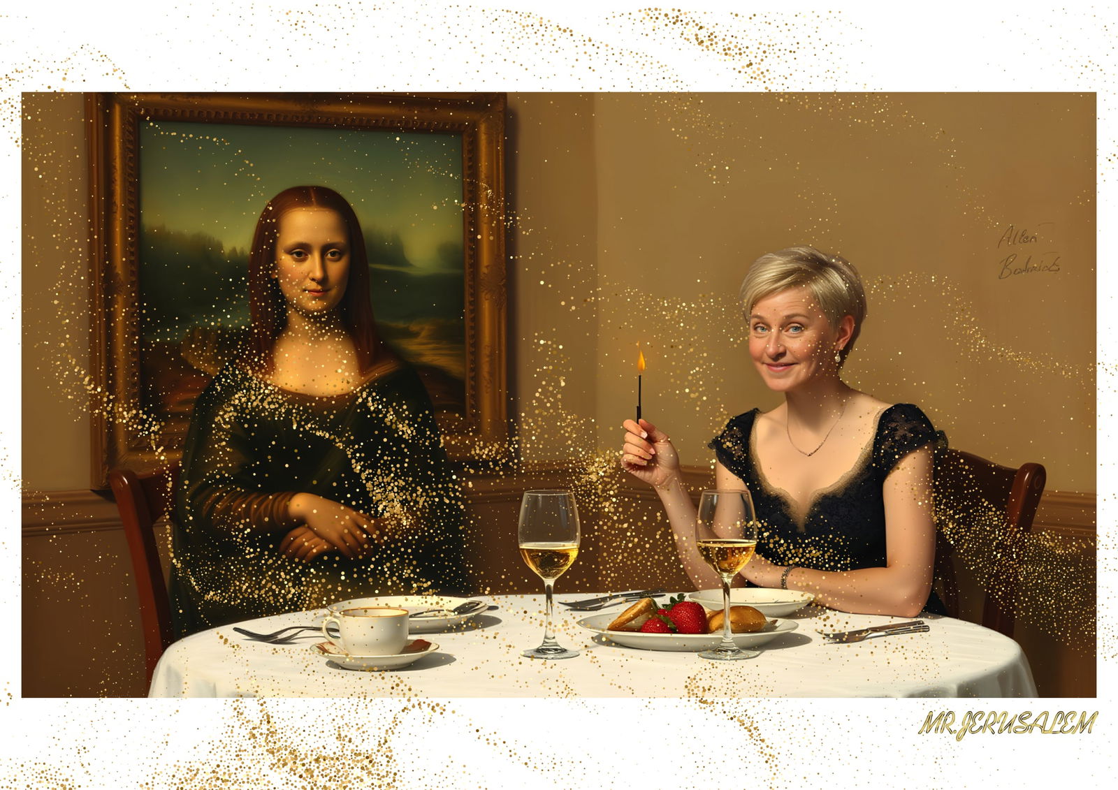 "Mr.Jerusalem, "Ellen Degeneres having dinner with Mona Lisa-D2" "Original, A2 Poster print, s: Original A2 Poster Digital print on paper, Solid Finishing: Classic (250 gsm gloss) Artist Digital signature Stamped / seal Watermark seal Sizes- 420 X594mm Sold unframed