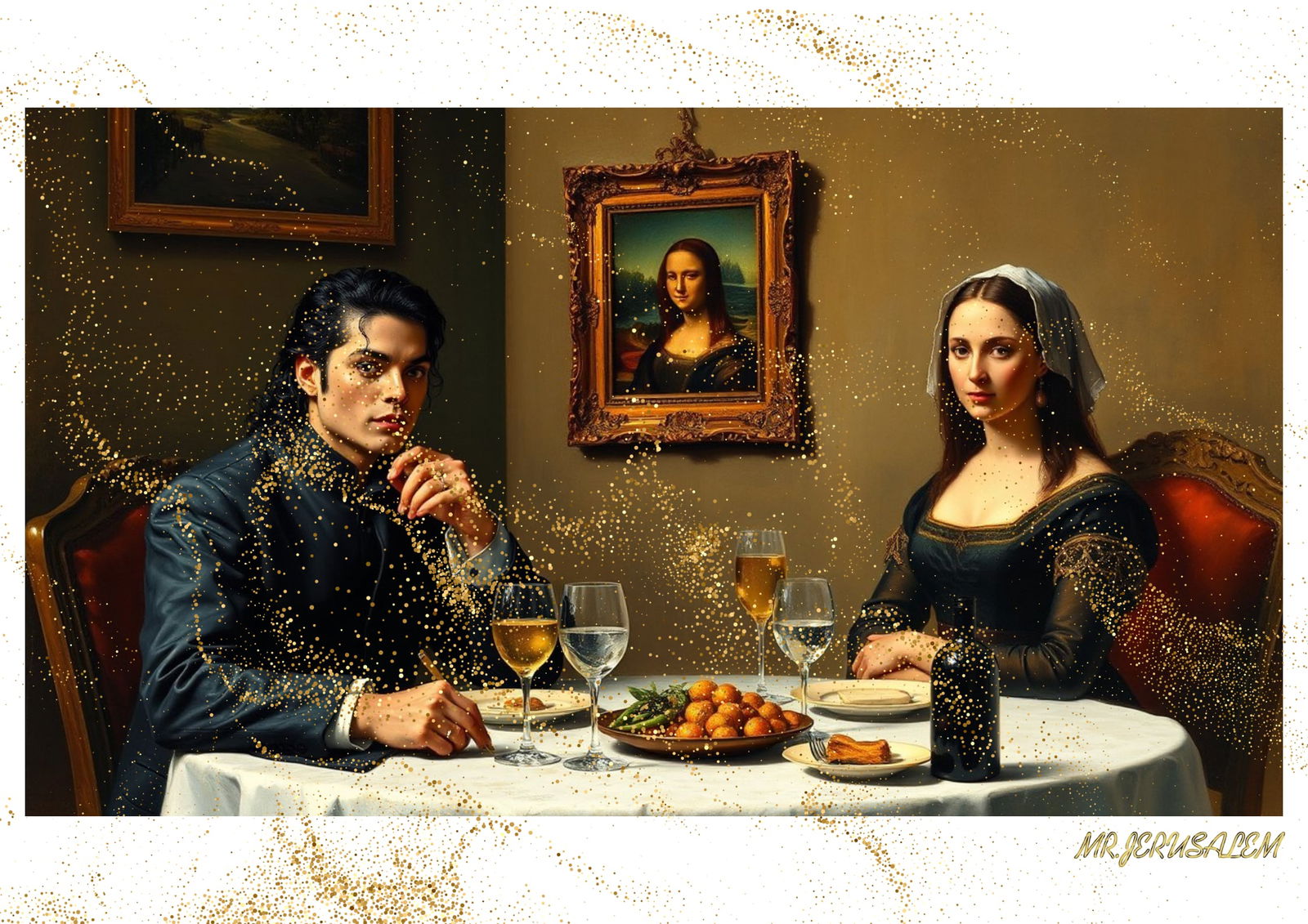 "Mr.Jerusalem, "Michael Jackson having dinner with Mona Lisa-D2" "Original, A2 Poster print, s: Original A2 Poster Digital print on paper, Solid Finishing: Classic (250 gsm gloss) Artist Digital signature Stamped / seal Watermark seal Sizes- 420 X594mm Sold unframed