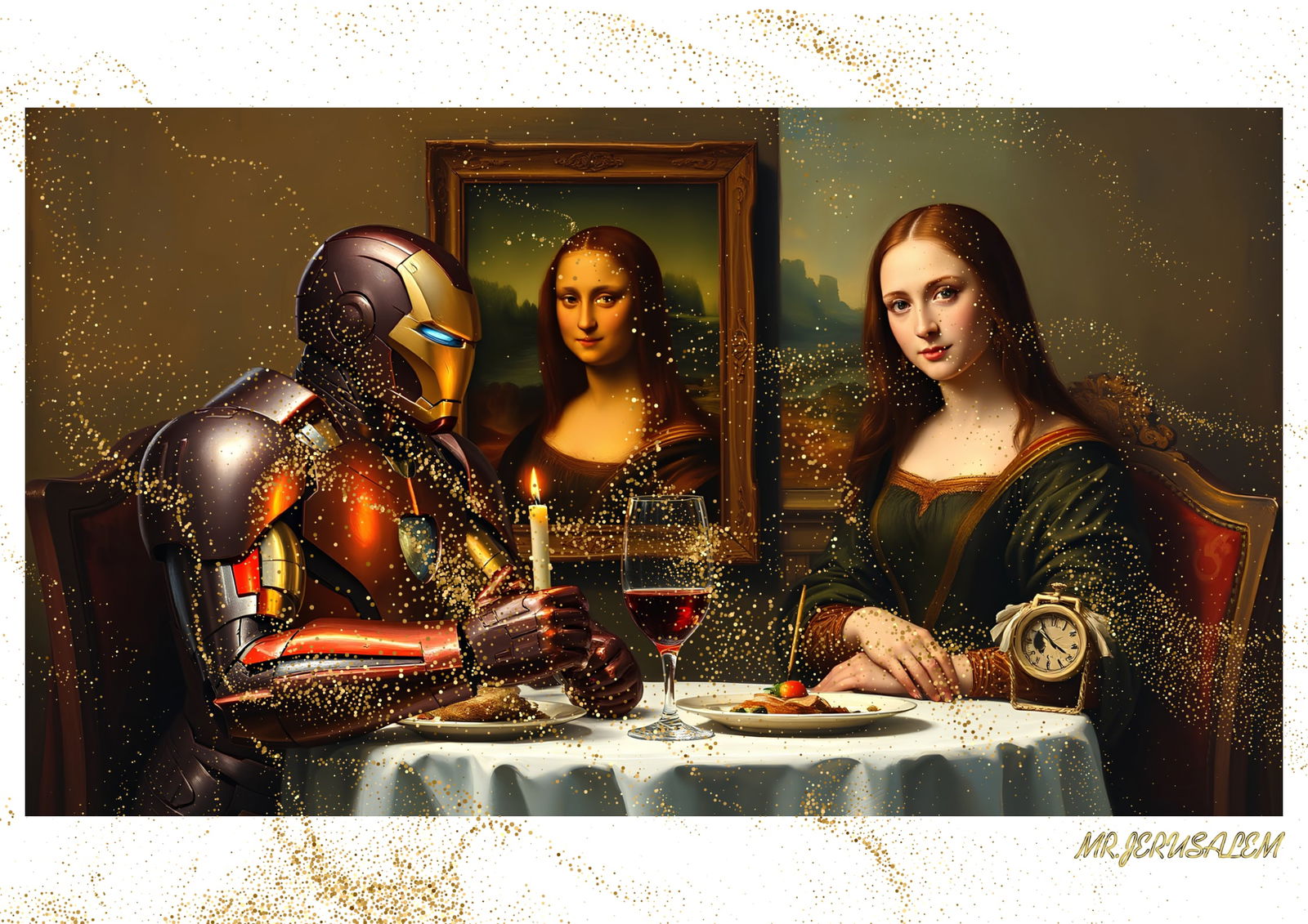 "Mr.Jerusalem, "Ironman having dinner with Mona Lisa-D2" "Original, A2 Poster print, stamped. : Original A2 Poster Digital print on paper, Solid Finishing: Classic (250 gsm gloss) Artist Digital signature Stamped / seal Watermark seal Sizes- 420 X594mm Sold unframed