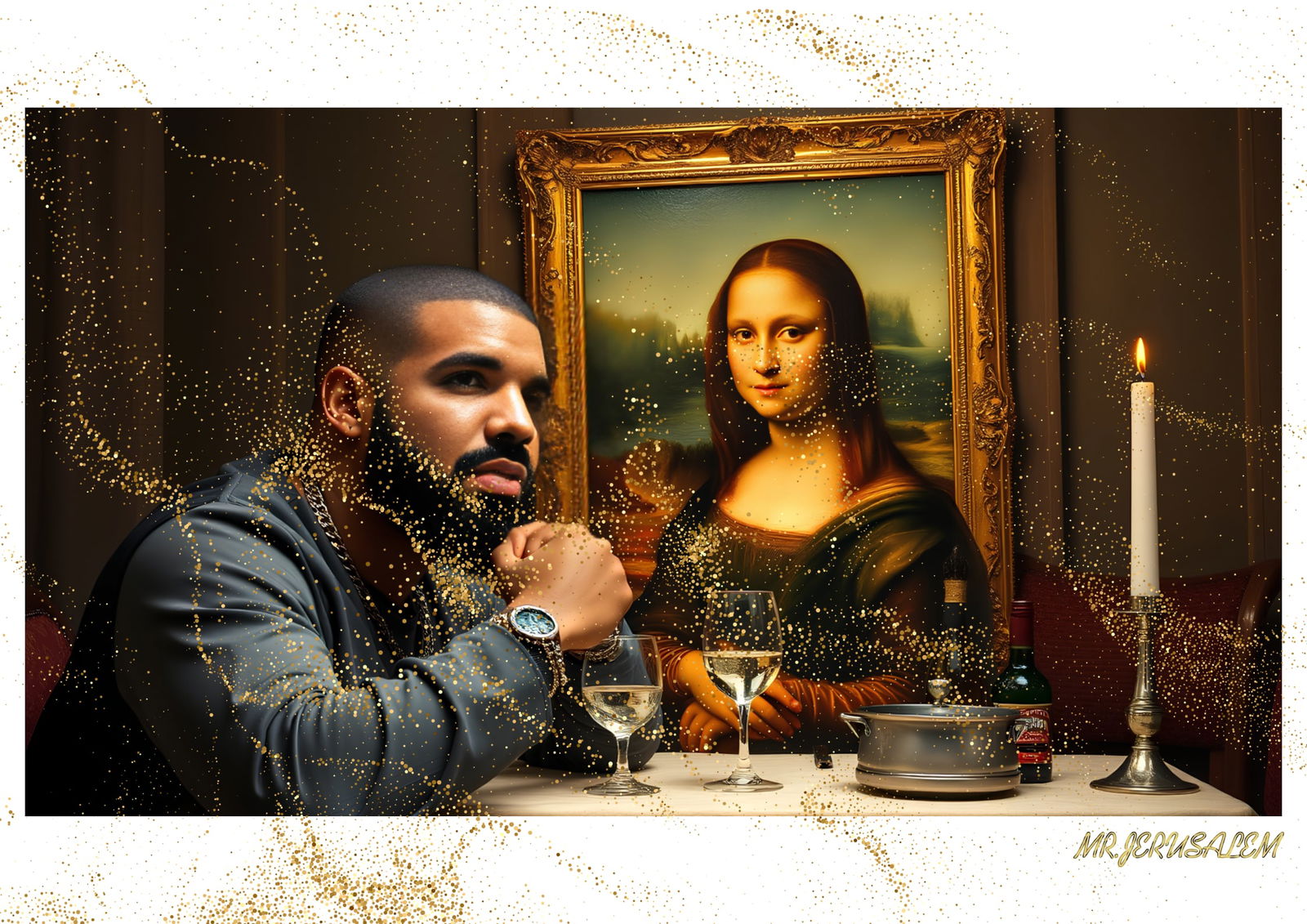 "Mr.Jerusalem, "Drake having dinner with Mona Lisa-D2" "Original, A2 Poster print, stamped. Wa: Original A2 Poster Digital print on paper, Solid Finishing: Classic (250 gsm gloss) Artist Digital signature Stamped / seal Watermark seal Sizes- 420 X594mm Sold unframed
