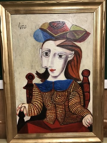 Picasso, (In the manner of) Original, rare art, Vintage, old painting, canvas, hand signed, - 7