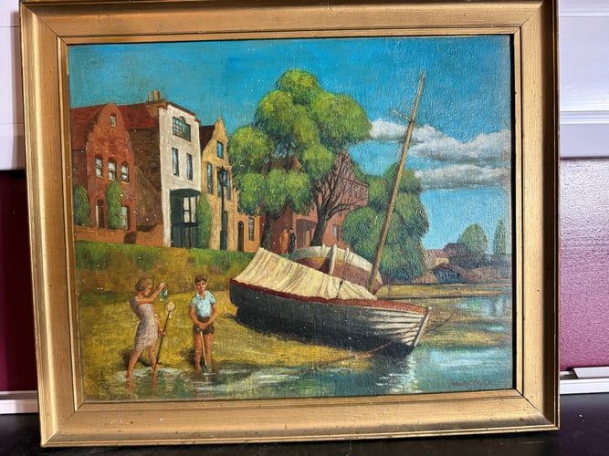 John A.R. Fowler Children by the Harbour Original Oil Painting Signed: John A.R. Fowler Children by the Harbour Original Oil Painting Signed A recognized 20th-century British artist Daler Board Company. 