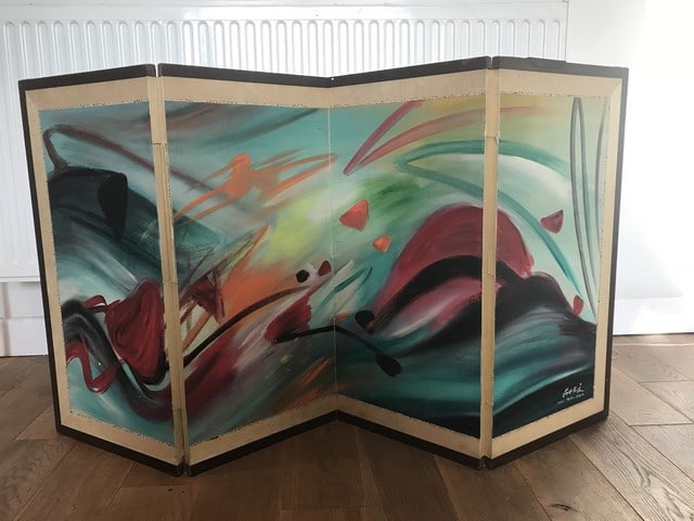 Chu Teh Chun, (Attributed) Original Oil Painting, Signed: Chu Teh Chun - (Attributed) a an abstract painting on a folding screen by Chu Teh-Chun. Chu Teh-Chun (1920-2014) was a Chinese-French painter known for his abstract works that blen