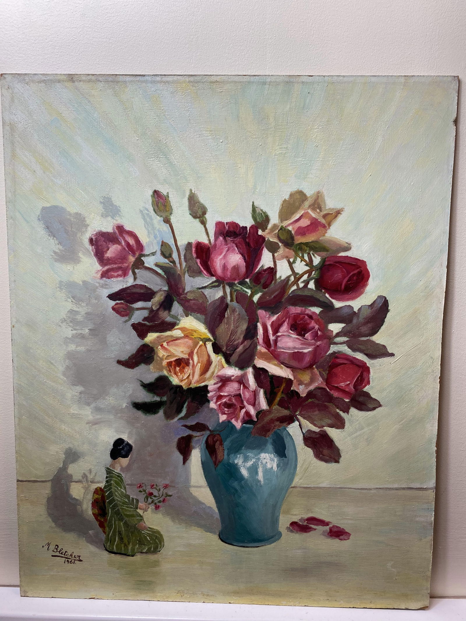 Mrs, M. Bletcher Original Oil Painting On Hardboard Signed and Dated 1961: SUMMER BLOOMS Mrs, M. Bletcher Original Oil Painting On Hardboard Signed and Dated 1961 with artwork tittle and artist name on the back of the oil painting.