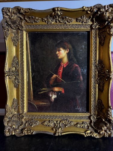 Berthe Morisot, Painting of a Woman Artist, Original, Signed,: Berthe Morisot, painting of a Woman Artist Holding Brushes an Pallete, Original, Signed, measurements approximately include the frame 29cm X 33cm. 