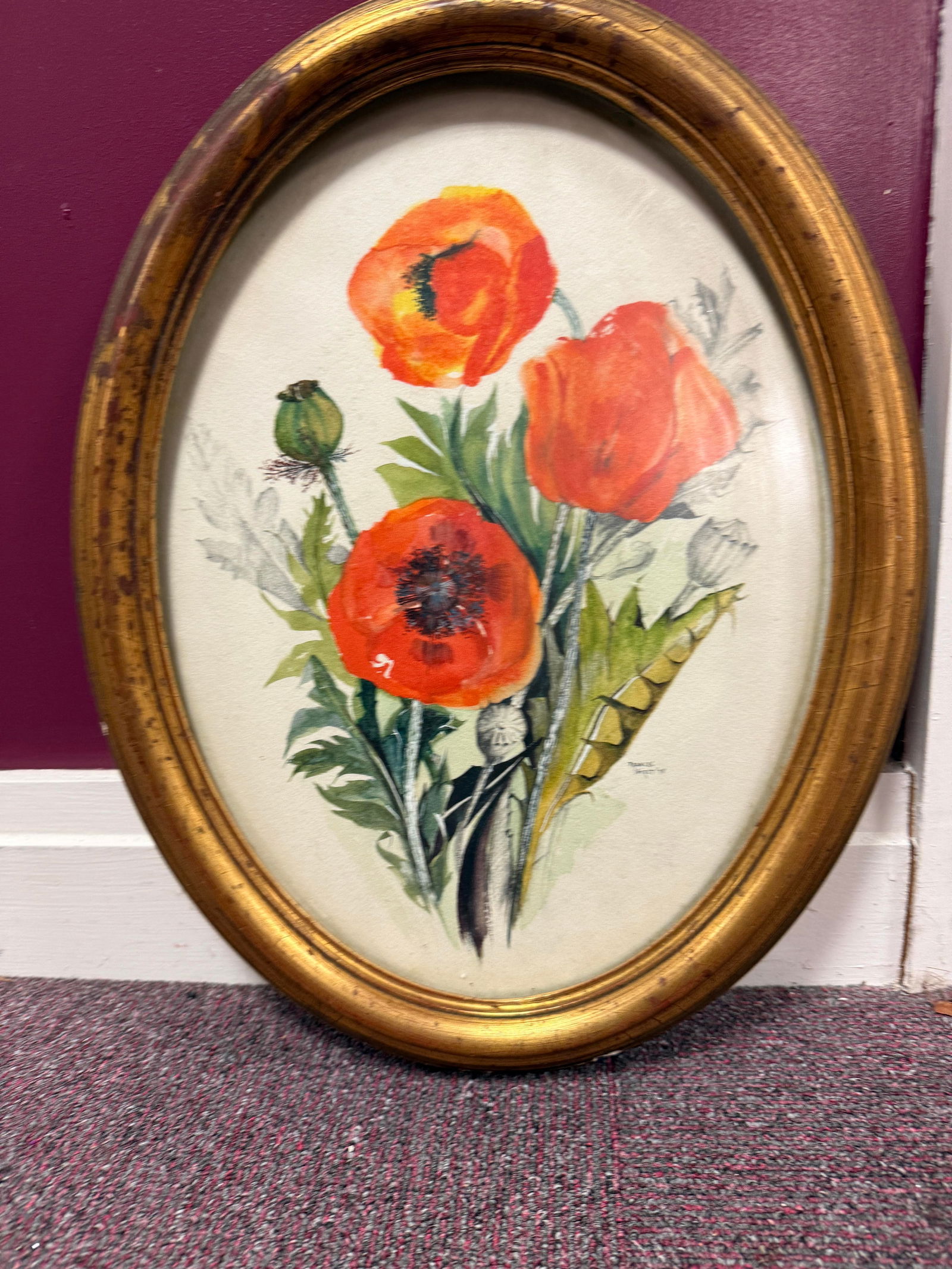 Vintage Watercolour Painting of Poppies In An Oval, Signed. Dated.: Vintage Watercolour Painting of Poppies In An Oval, Signed. Dated.