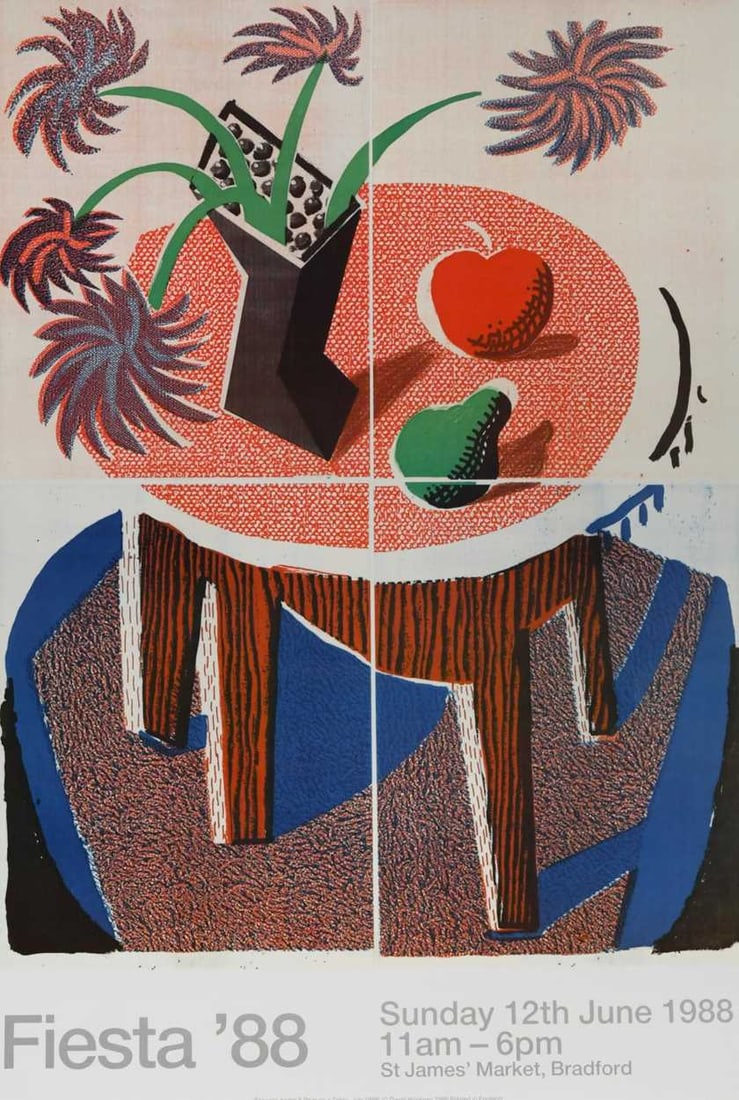 David Hockney, Fiesta '88 (Bradford Festival) exhibition poster, 1988: David Hockney OM, CH, RA (1937-)Fiesta '88 (Bradford Festival) exhibition poster, 1988showing 'Flowers Apple & Pear on a Table, July 1986'offset lithograph, unframed63.5 x 43cm.