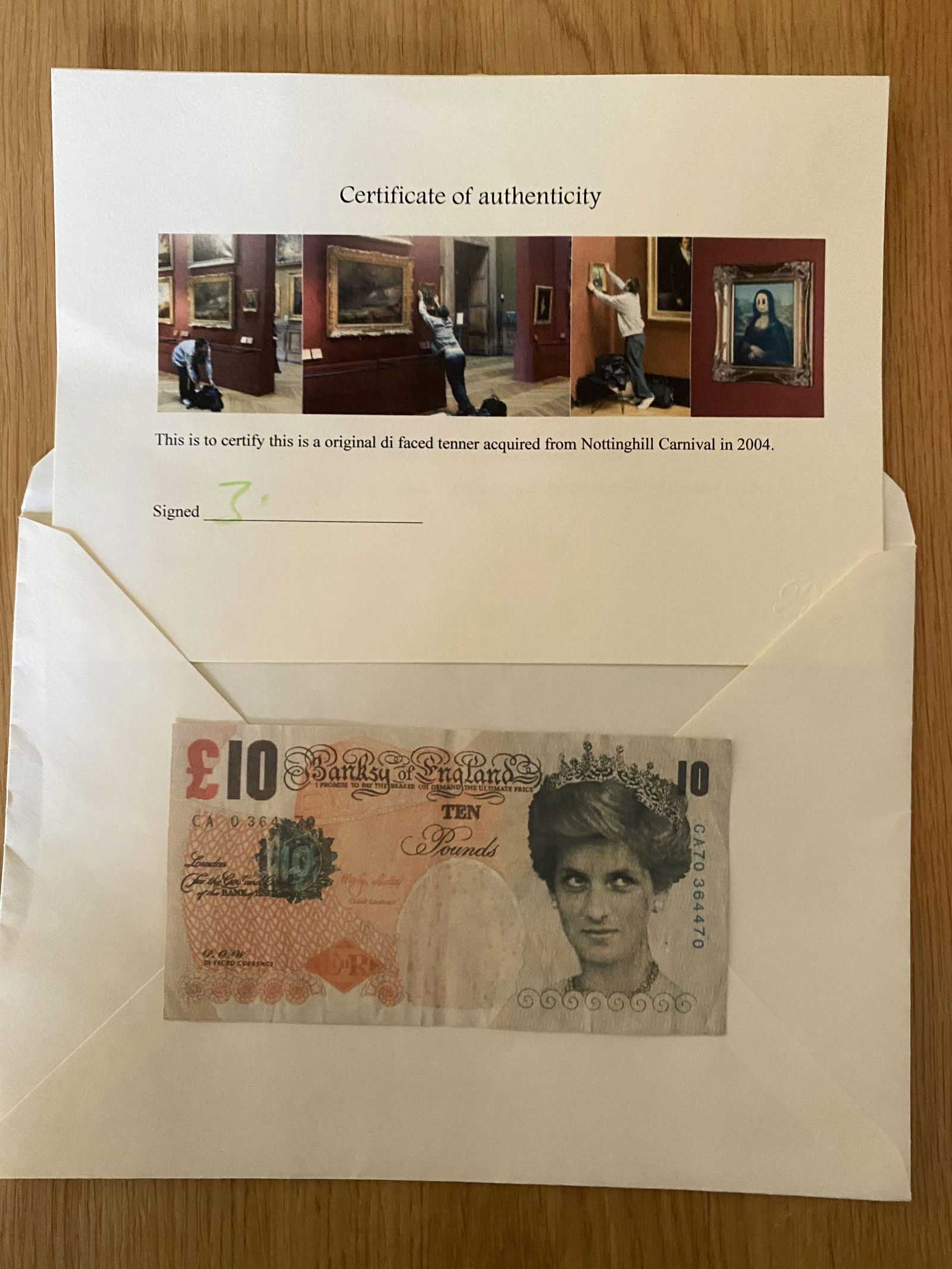 Banksy Di-Faced Tenner Authentic COA + Receipt + Provenance, Original,: Color offset lithograph on paper. Di-Faced Tenner by Banksy with a portrait of Princess Diana and motto on the front: ""I promise to pay We have to Confirm that there are no independent