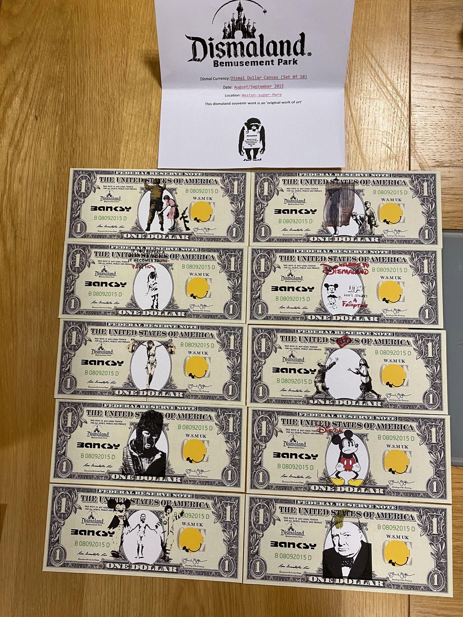 Banksy, Set of 10 Dismal Dollar Canvas Banknotes 2015 - 13
