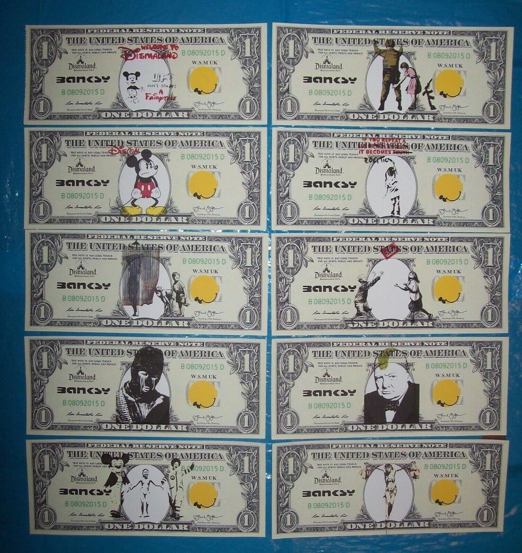 Banksy, Set of 10 Dismal Dollar Canvas Banknotes 2015: Attributed to Banksy, Set of 10 Dismal Dollar Canvas Banknotes Aug / Sep 2015 Dismaland Street Art Graffiti In the manner of” for full transparency, we are clearly stating that the