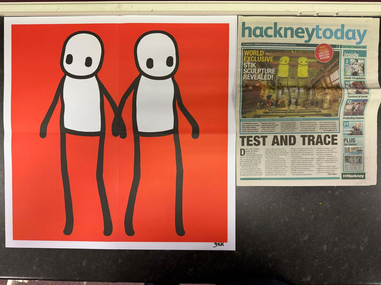 Stik, Original Signed, Holding Hands (Red), Hackney Today,: Artist: STIK Title: Holding Hands (Red)Year: 2020 Dimensions : 50cm x50cm From the Rare Limited Edition Medium: Offset Lithograph in Colors Excellent Condition: Hand signed, Lot includ