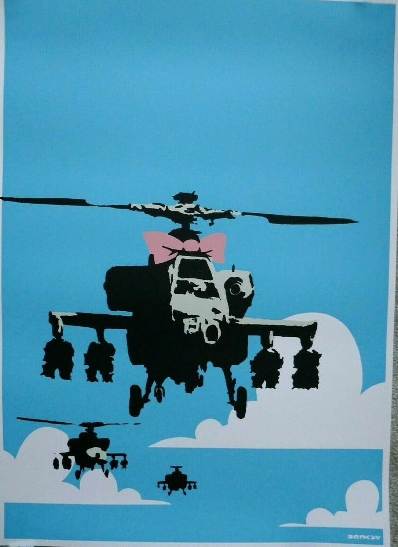 Banksy, "Happy Choppers", Limited Edition Stamped & Sealed: Attributed to the artist Banksy, "Happy Choppers", Stamped, Sealed, Limited Edition In the manner of” for full transparency, we are clearly stating that the works do