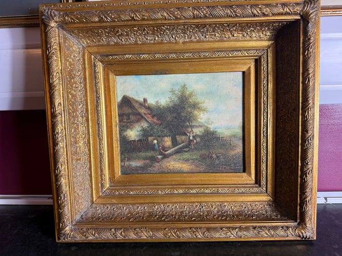 Oil On Canvas Painting. """"Children Playing"""" On A Teeter Totter By A Country Cottage.: Oil On Canvas Painting. """"Children Playing"""" On A Teeter Totter By A Country Cottage. Signed 