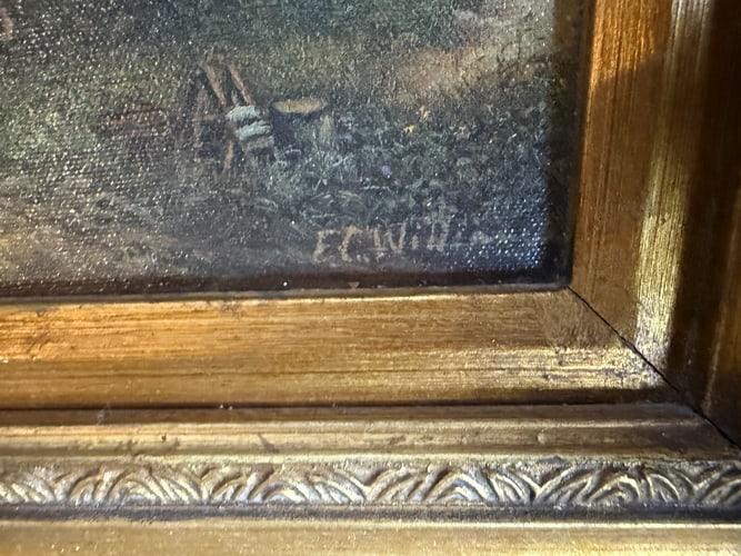 Oil On Canvas Painting. """"Children Playing"""" On A Teeter Totter By A Country Cottage. - 7