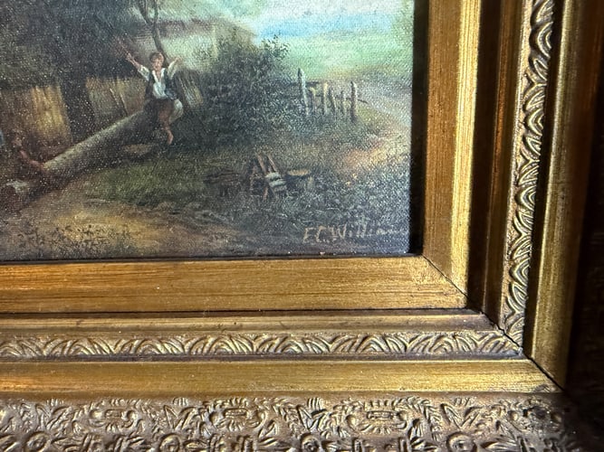 Oil On Canvas Painting. """"Children Playing"""" On A Teeter Totter By A Country Cottage. - 8
