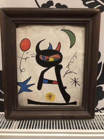 Joan Miro, (In the manner of), Original Oil Painting, Signed, Seal: Joan Miro, (In the manner of) Original Oil Painting, Signed, Seal. No COA No documentation and only 25 years in provenance by private Collection. sold as attributed to the artist and you must do do