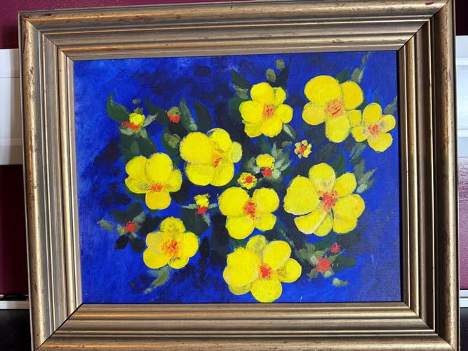 Unknown Artist, Yellow Pansies Oil Painting on Hardboard: Unknown Artist, Yellow Pansies Oil Painting on Hardboard