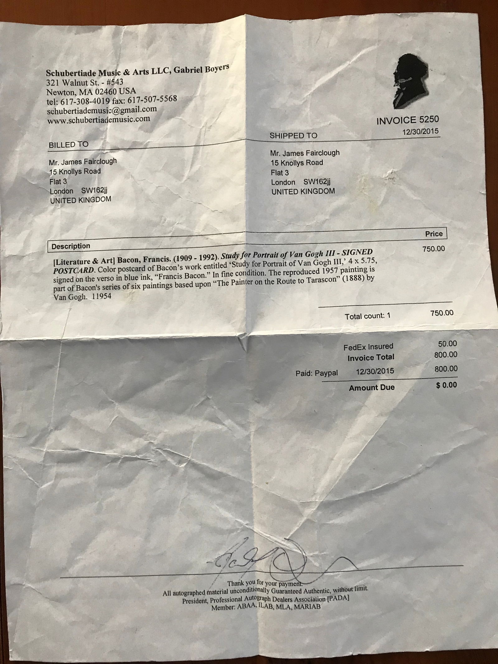 Francis Bacon, Portrait Of Van Gogh, Hand Signed, Original, COA. Invoice, - 5