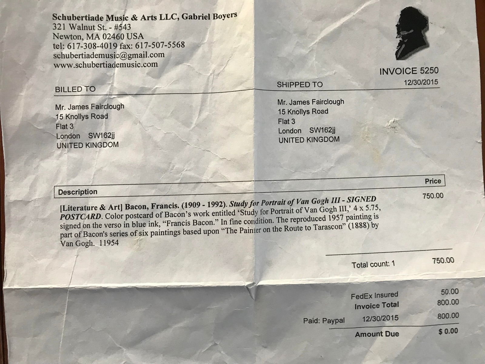 Francis Bacon, Portrait Of Van Gogh, Hand Signed, Original, COA. Invoice, - 6