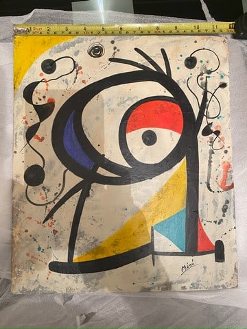 Joan Miro, In the manner of oil painting on hardbord hand Signed, Seal and stamped, wax,: Joan MiroIn the manner of, oil painting on hardbord hand Signed, Seal and stamped, wax, No COA No documentation and only 25 years in provenance by private Collection. sold as attributed to the artist