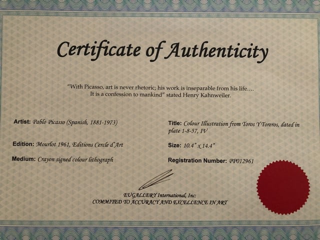 PABLO PICASSO, TOROS Y,TOREROS, 1957, COA, signed & dated, Original - 7