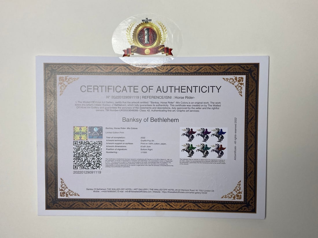 Banksy, In the manner of”, COA. Walled Off Hotel, Original, Limited Edition. Signed. Numbered. - 3