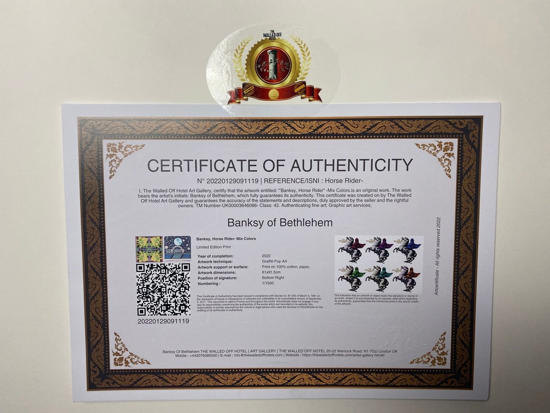 Banksy, In the manner of”, COA. Walled Off Hotel, Original, Limited Edition. Signed. Numbered. - 7