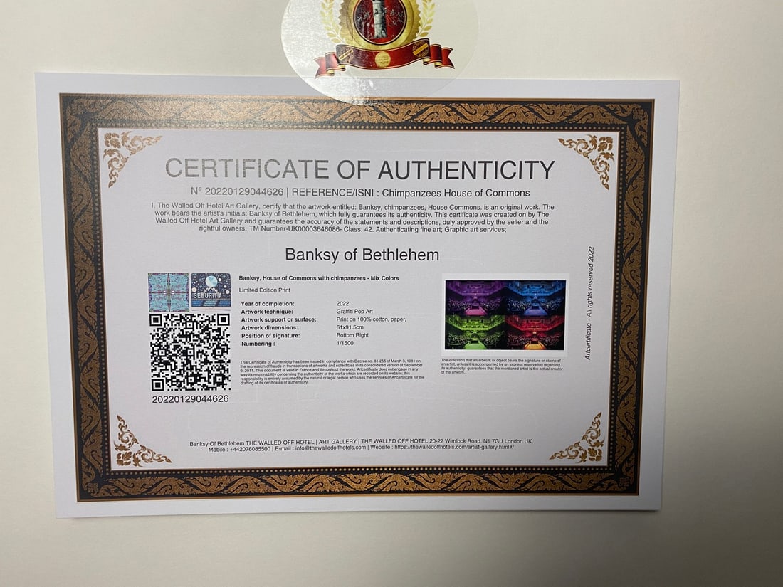 Banksy, In the manner of”, COA. Walled Off Hotel, Original, Limited Edition. Signed. Numbered. - 5