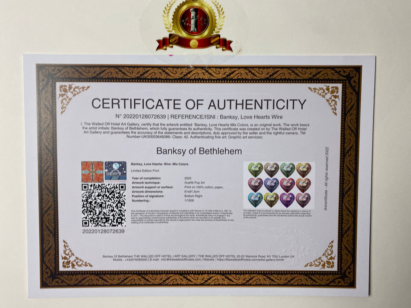 Banksy, In the manner of”, COA. Walled Off Hotel, Original, Limited Edition. Signed. Numbered. - 8