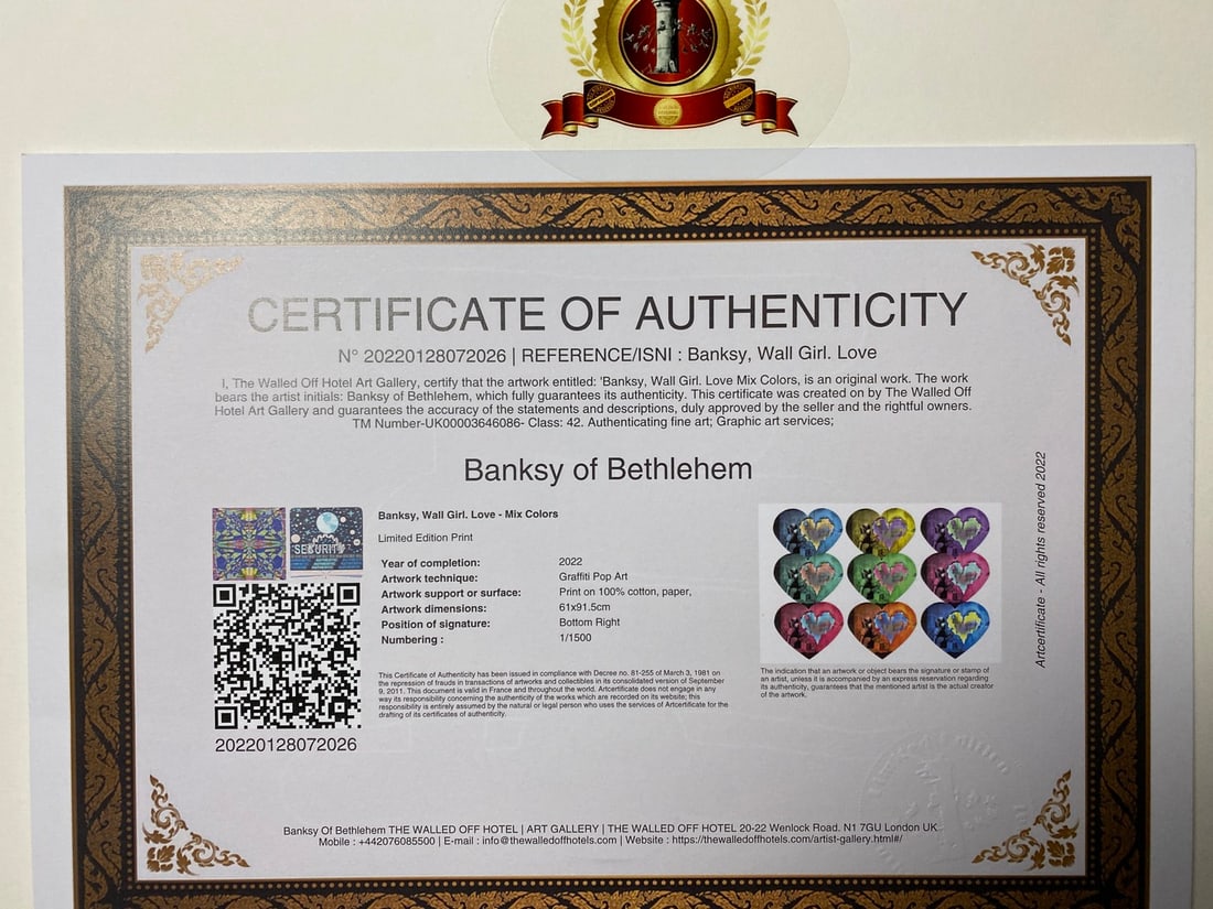 Banksy, In the manner of”, COA. Walled Off Hotel, Original, Limited Edition. Signed. Numbered. - 6