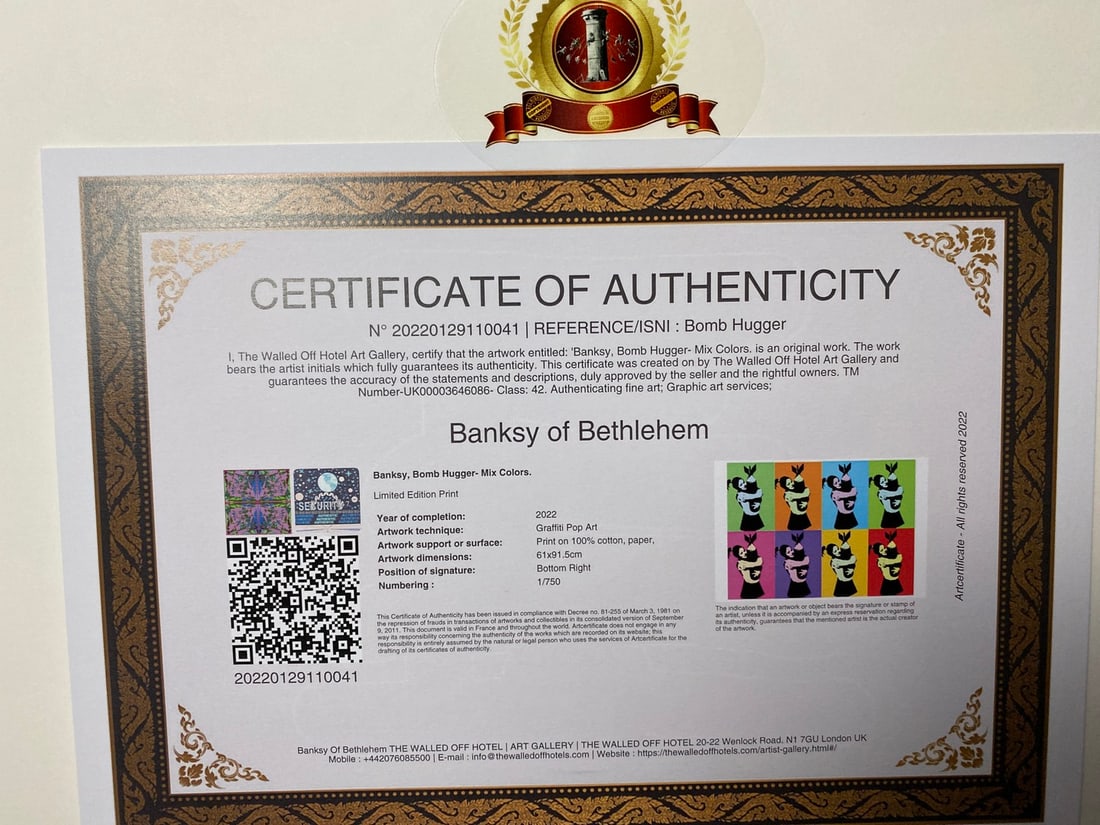 Banksy, In the manner of”, Walled Off Hotel, COA, Original, Limited Edition. Signed. Numbered - 6