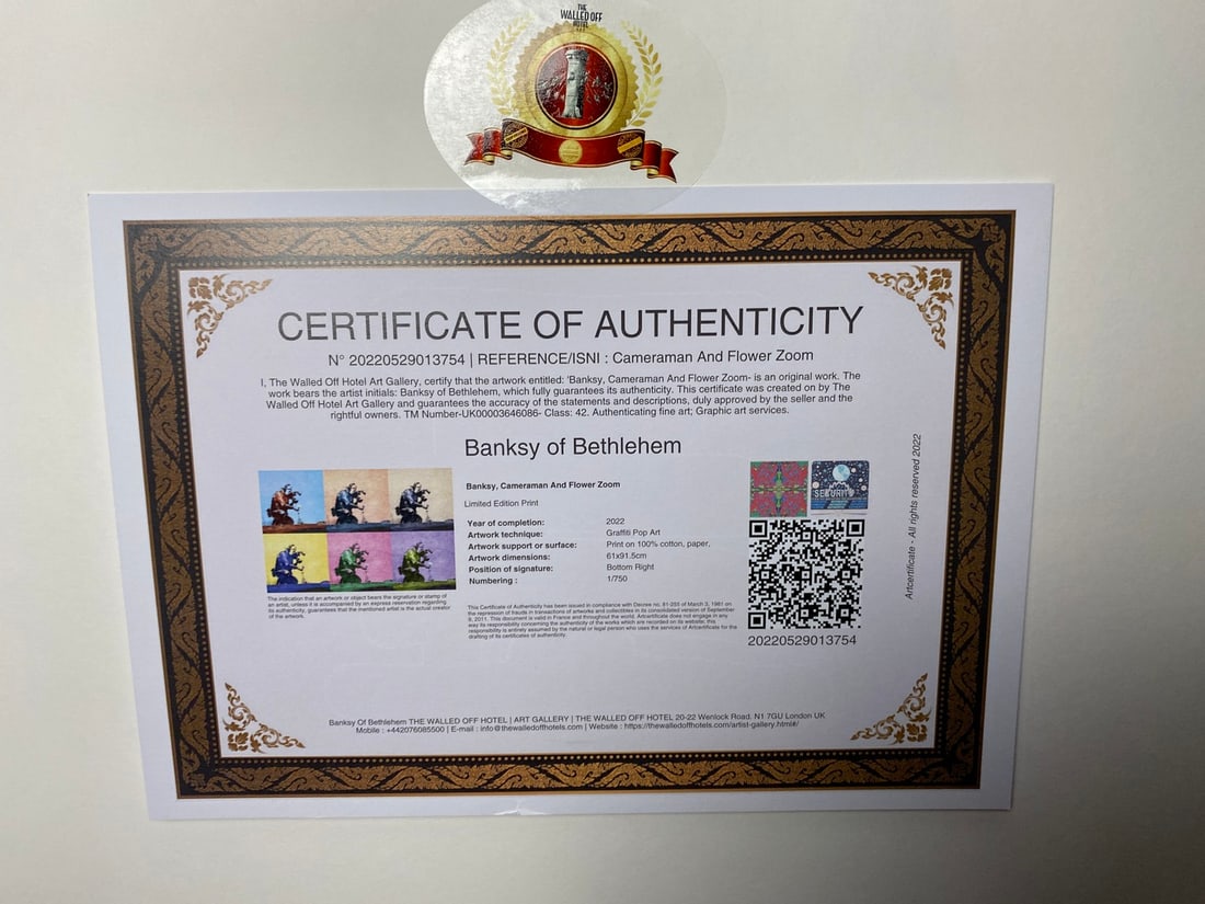 Banksy, In the manner of”, Walled Off Hotel, COA, Original, Limited Edition. Signed. Numbered - 8