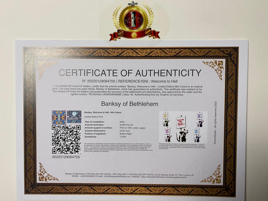 Banksy, In the manner of”, COA. Walled Off Hotel, Original, Limited Edition. Signed. Numbered - 7