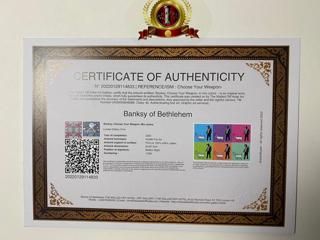 Banksy, In the manner of”, COA. Walled Off Hotel, Original, Limited Edition. Signed. Numbered - 5