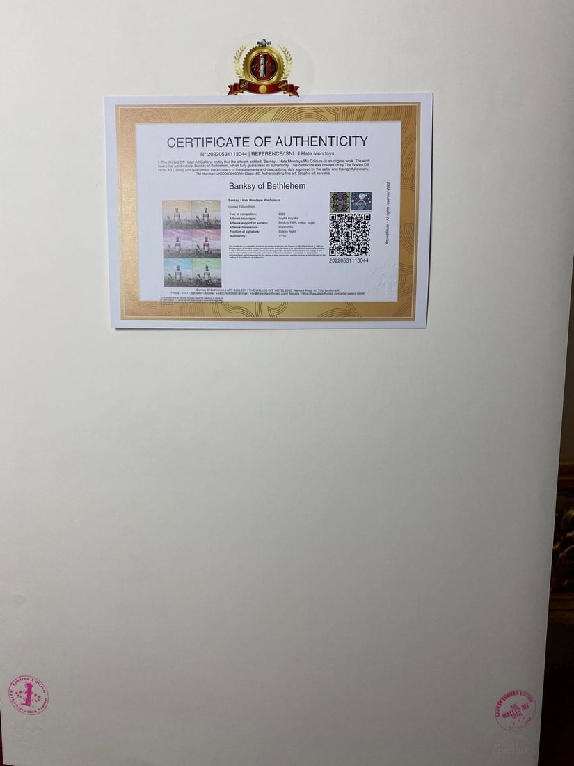 Banksy, In the manner of”, Walled Off Hotel, COA, Original, Limited Edition. Signed. Numbered - 6