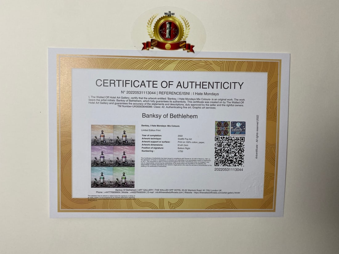 Banksy, In the manner of”, Walled Off Hotel, COA, Original, Limited Edition. Signed. Numbered - 8