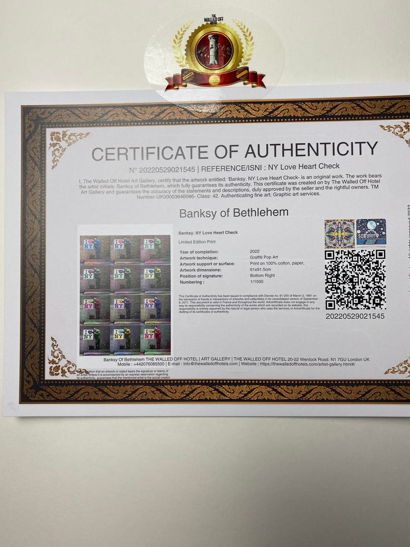 Banksy, In the manner of”, COA. Walled Off Hotel, Original, Limited Edition. Signed. Numbered - 5