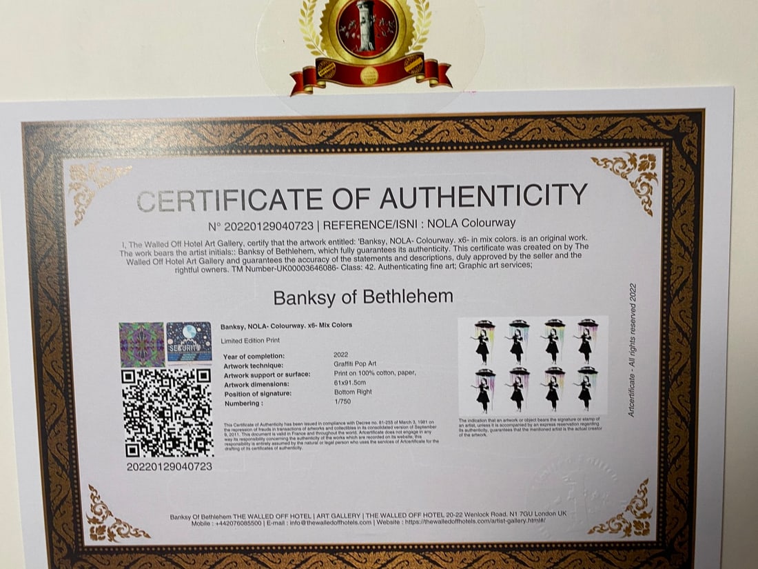 Banksy, In the manner of”, COA. Walled Off Hotel, Original, Limited Edition. Signed. Numbered. - 6