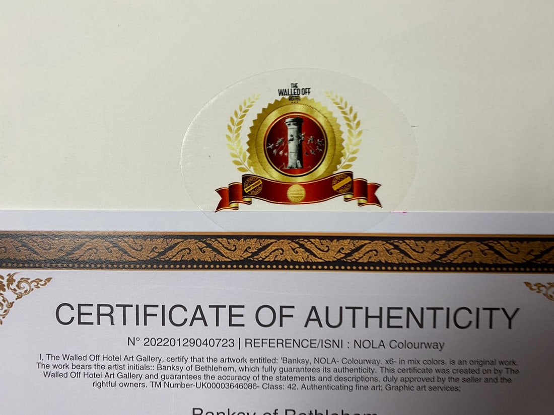 Banksy, In the manner of”, COA. Walled Off Hotel, Original, Limited Edition. Signed. Numbered. - 7