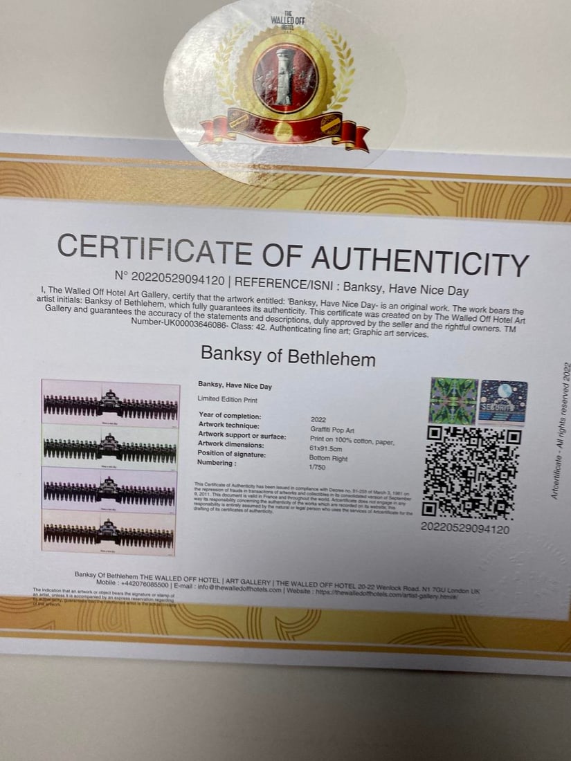 Banksy, In the manner of”, Walled Off Hotel, COA, Original, Limited Edition. Signed. Numbered - 5