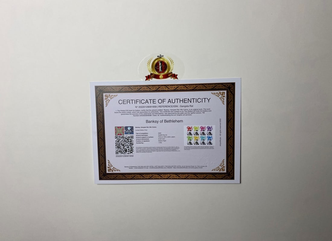 Banksy, In the manner of”, COA. Walled Off Hotel, Original, Limited Edition. Signed. Numbered. - 5