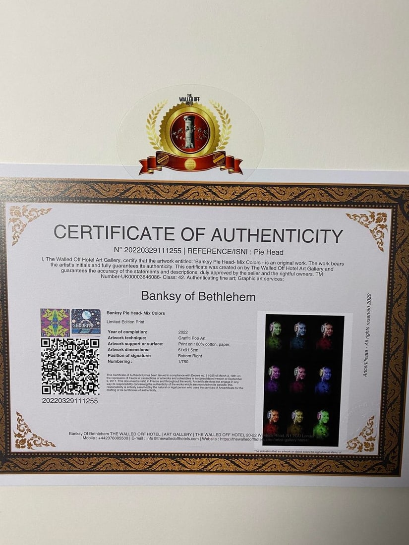 Banksy, In the manner of”, COA. Walled Off Hotel, Original, Limited Edition. Signed. Numbered - 9