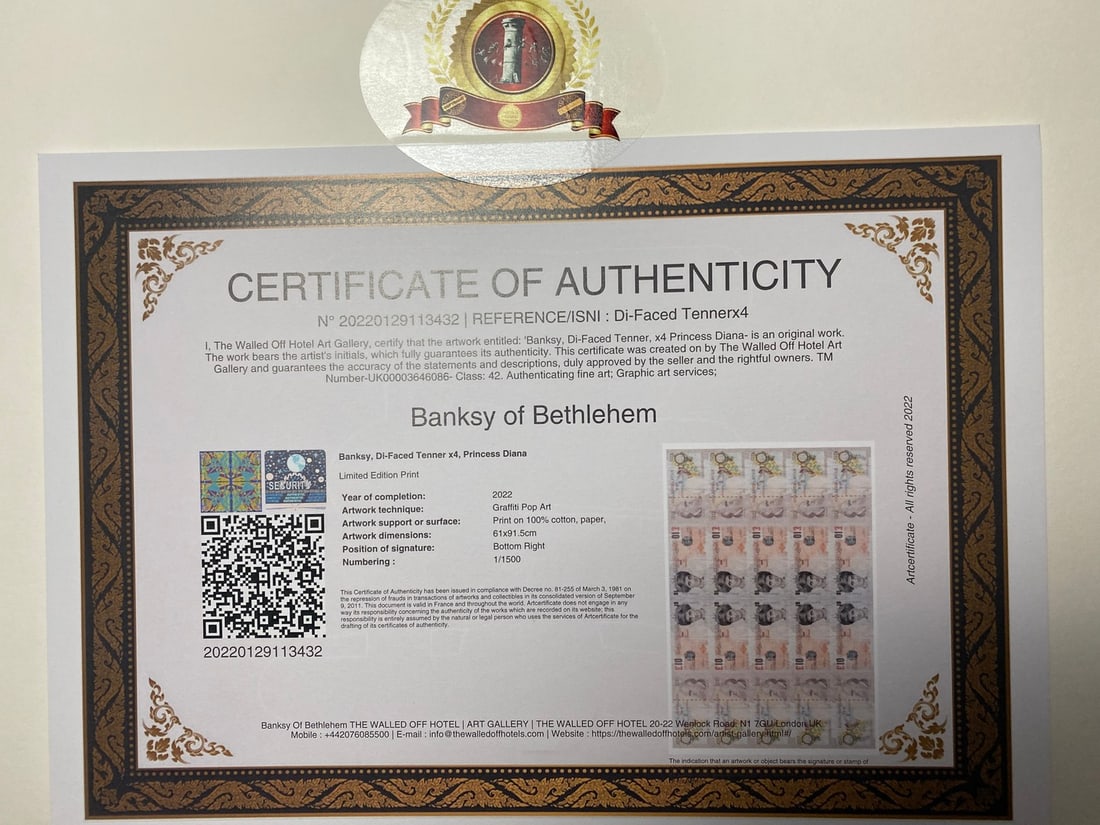 Banksy, In the manner of”, COA. Walled Off Hotel, Original, Limited Edition. Signed. Numbered. - 6