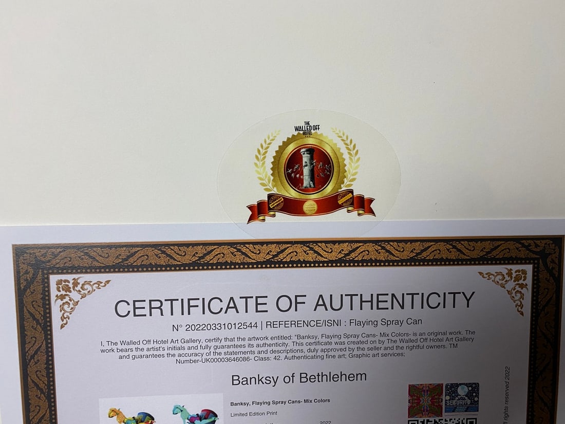 Banksy, In the manner of”, COA. Walled Off Hotel, Original, Limited Edition. Signed. Numbered. - 9