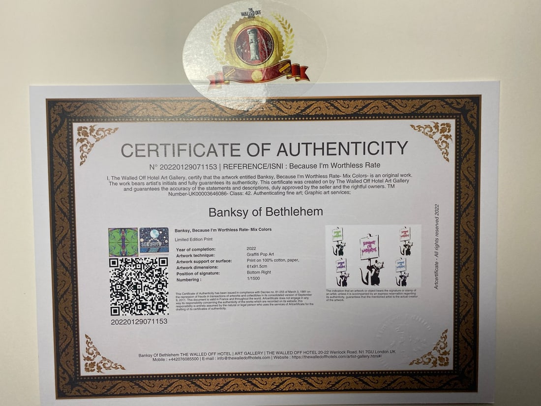 Banksy, In the manner of”, COA. Walled Off Hotel, Original, Limited Edition. Signed. Numbered. - 5