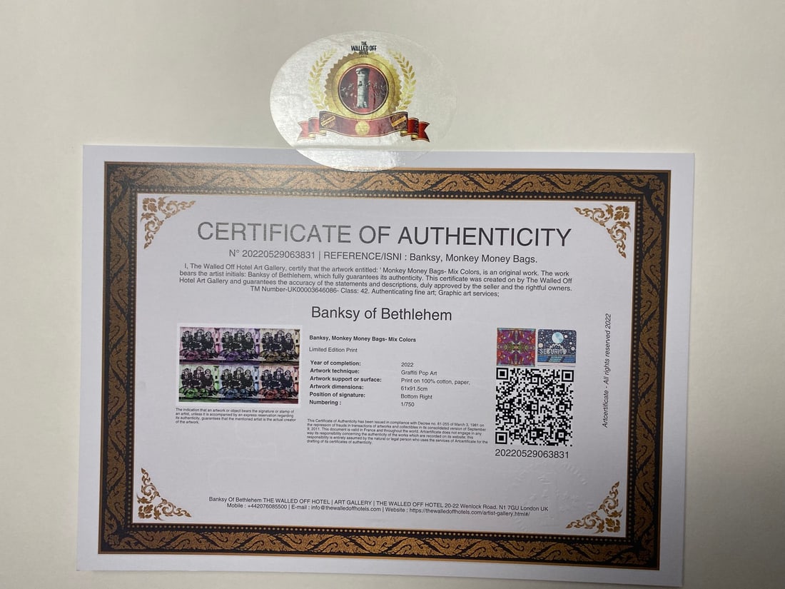 Banksy, In the manner of”, COA. Walled Off Hotel, Original, Limited Edition. Signed. Numbered. - 3