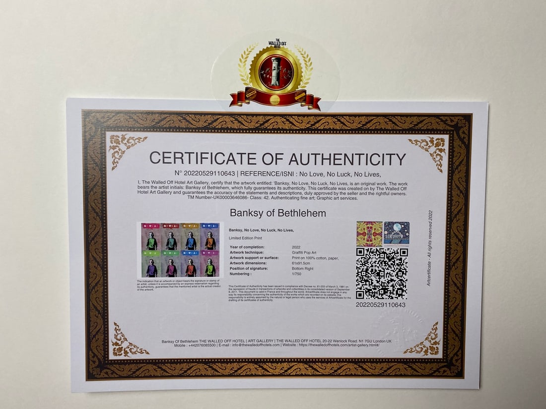 Banksy, In the manner of”, Walled Off Hotel, COA, Original, Limited Edition. Signed. Numbered - 5