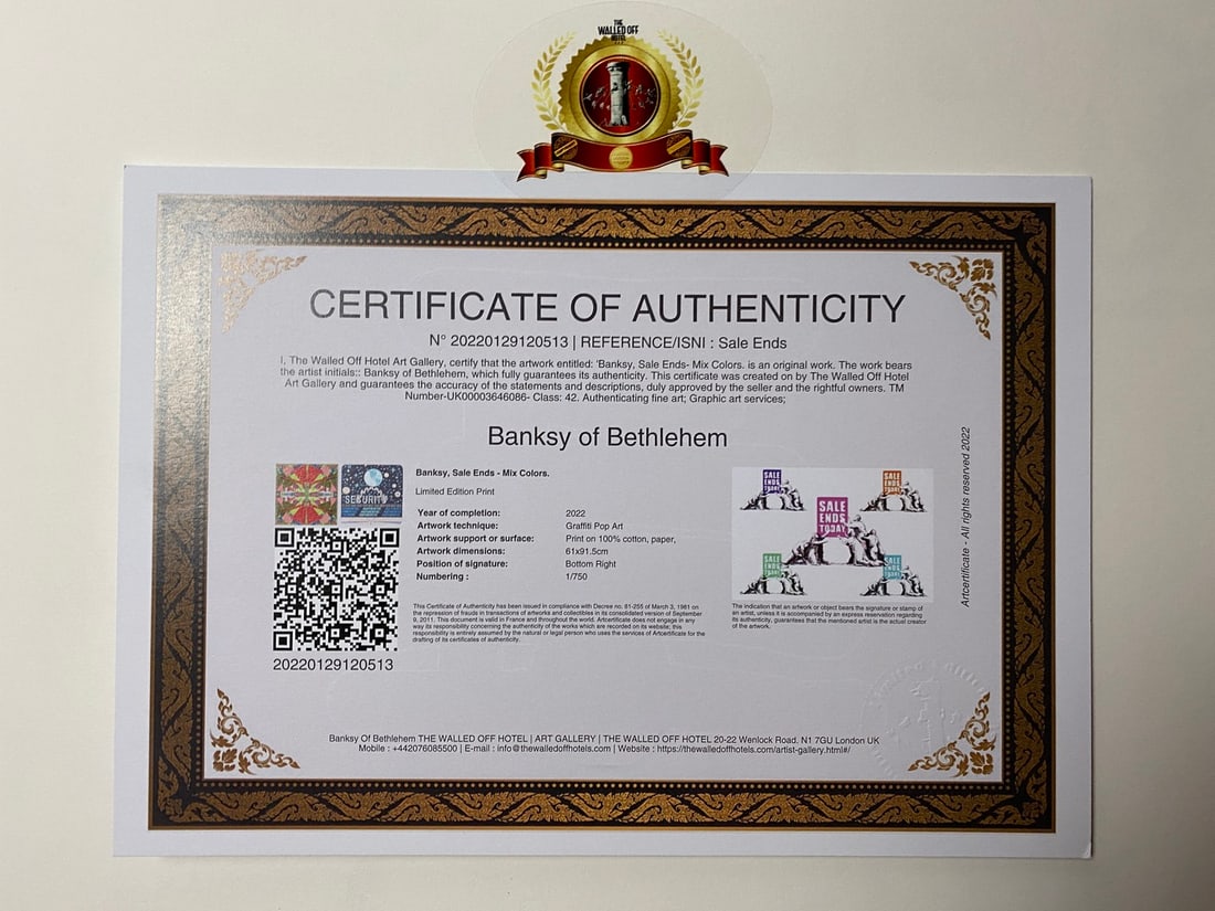 Banksy, In the manner of”, COA. Walled Off Hotel, Original, Limited Edition. Signed. Numbered. - 4