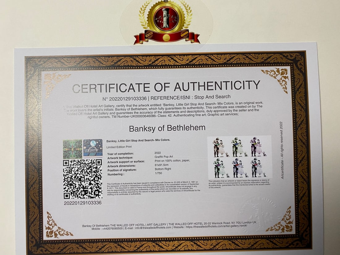 Banksy, In the manner of”, COA. Walled Off Hotel, Original, Limited Edition. Signed. Numbered. - 5